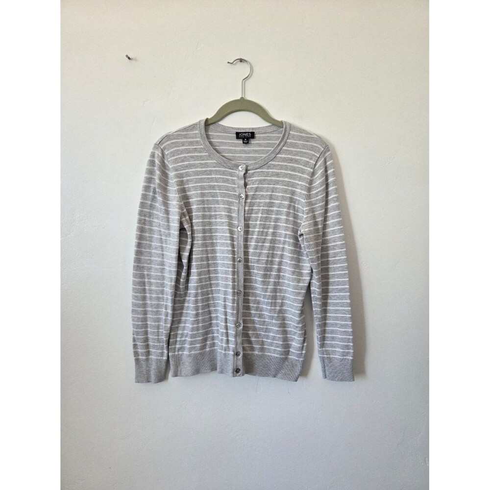 Jones New York Gray Striped Cardigan Sweater Gold Buttons Preppy Old Money M